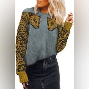 Amazon Women's Crewneck Sweater - Gray Body with Mustard Leopard-Print Sleeves